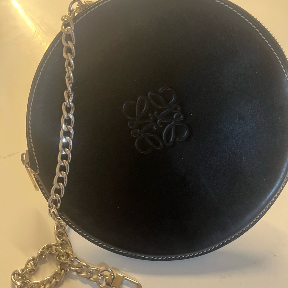Loewe Black Round Leather Bag silver hardware aftermarket wristlet